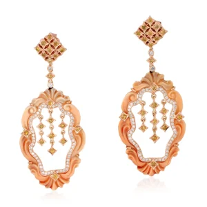 Carved Cameos Dangle Earrings Pave Diamond 18k Solid Gold Jewelry